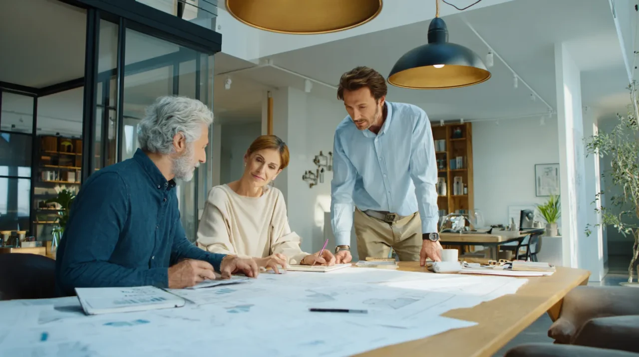 防音室の新築費用について専門家と相談する夫婦が、設計図や資料を広げて話し合っている様子の写真。