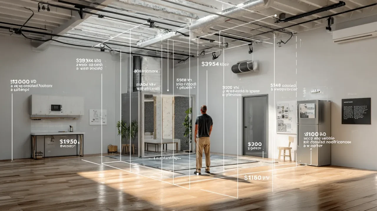 広い室内で、防音室の費用項目や追加工事コストが白いラインとテキストで可視化され、中央に立つ男性がそれらを確認している様子を示したイメージ。