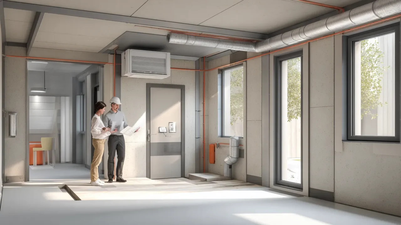 防音室の施工現場で、技術者と施主が防音ドアや換気ダクトの設置図面を確認している様子。