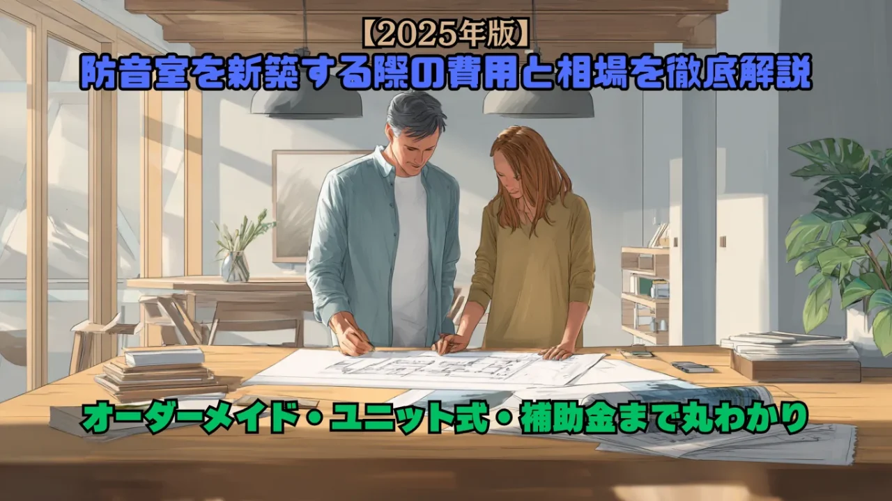 新築住宅で防音室の設計図を確認する男女の様子を描いたイラスト。防音室の費用や相場をイメージできるシーン。