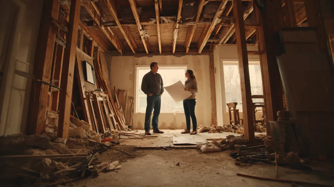 リフォーム中の住宅で、設計図を確認しながら話し合う男女の様子。壁や天井が解体され、木材がむき出しになった室内で、施工の大変さがわかるシーン。