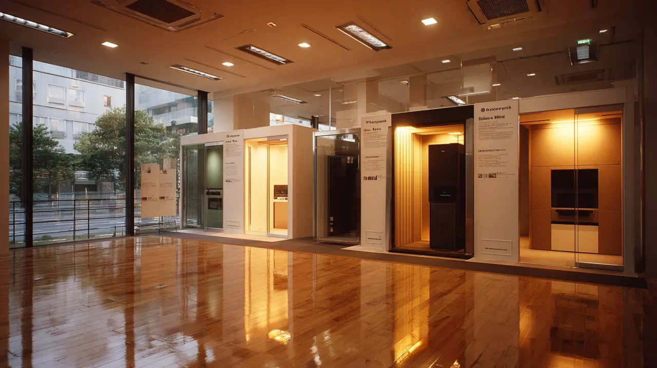 ガラス張りのショールーム内に、ヤマハやカワイなどのユニット式防音室が複数並んで展示されている様子。明るい室内に反射する床と、各防音室の内装が見えるリアルな展示風景。