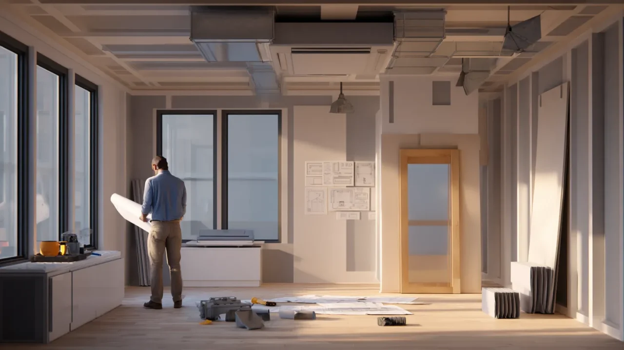 防音室工事中の室内で、換気設備やエアコンの設置計画を確認する作業員が図面を見ている様子。床には部材や工具が並び、天井にはダクトが施工されている。