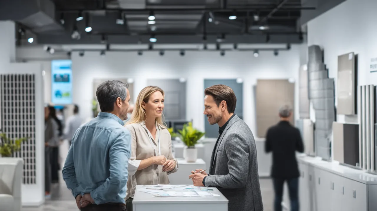 住宅メーカーのショールームで、防音室オプションについて担当者から説明を受けるカップルの様子を写した写真。