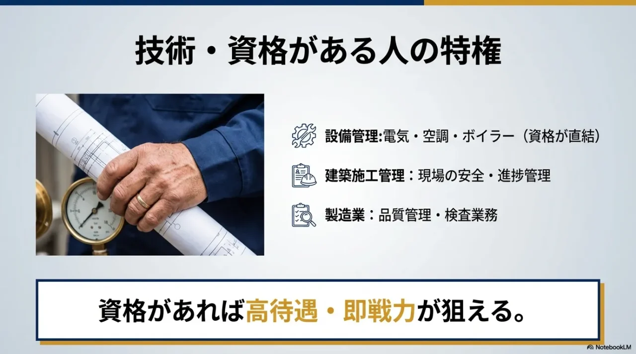 図面とメーターを持つ手のアップ画像。設備管理、施工管理、製造業など、資格があれば即戦力として高待遇が狙える職種を解説するスライド。