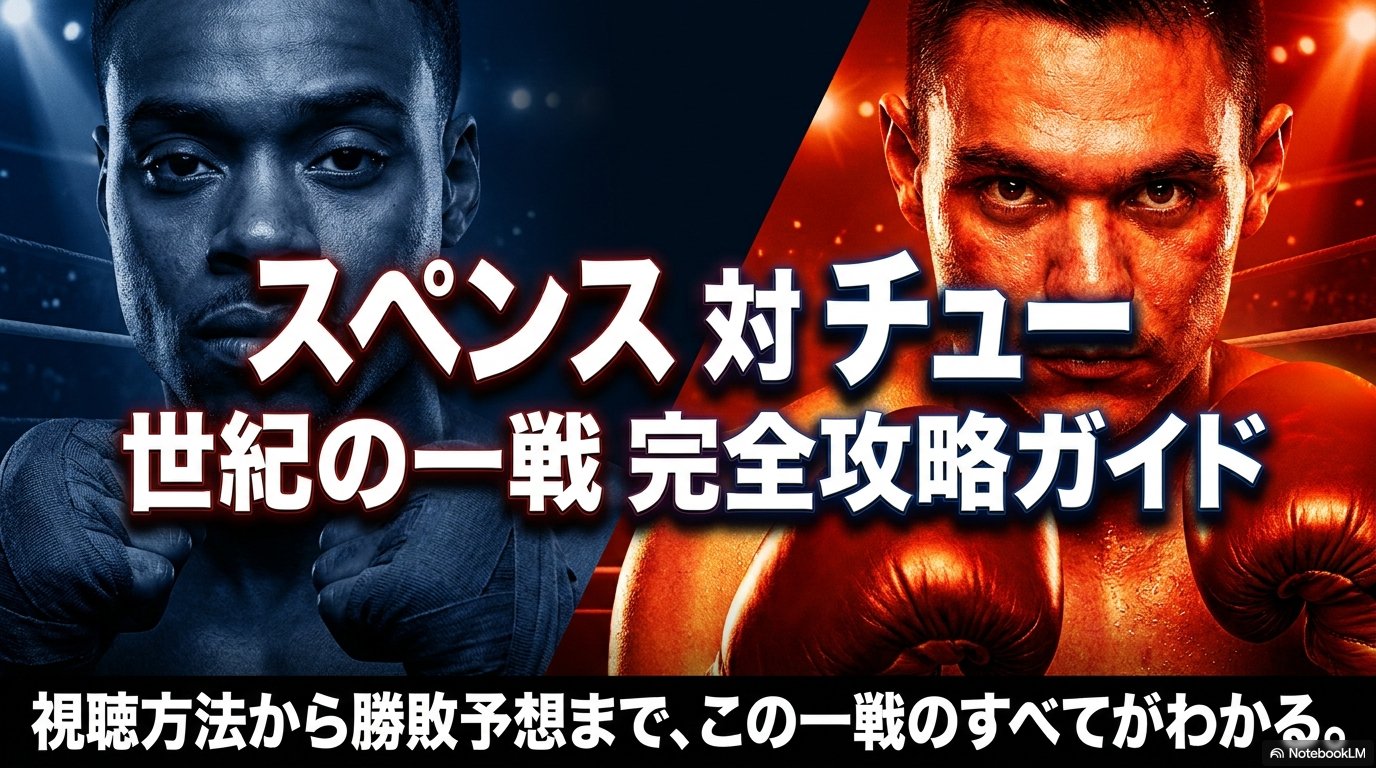 青と赤に分割した背景に、対峙する二人のボクサーと「スペンス対チュー 世紀の一戦完全攻略ガイド」の文字を配置した記事表紙。