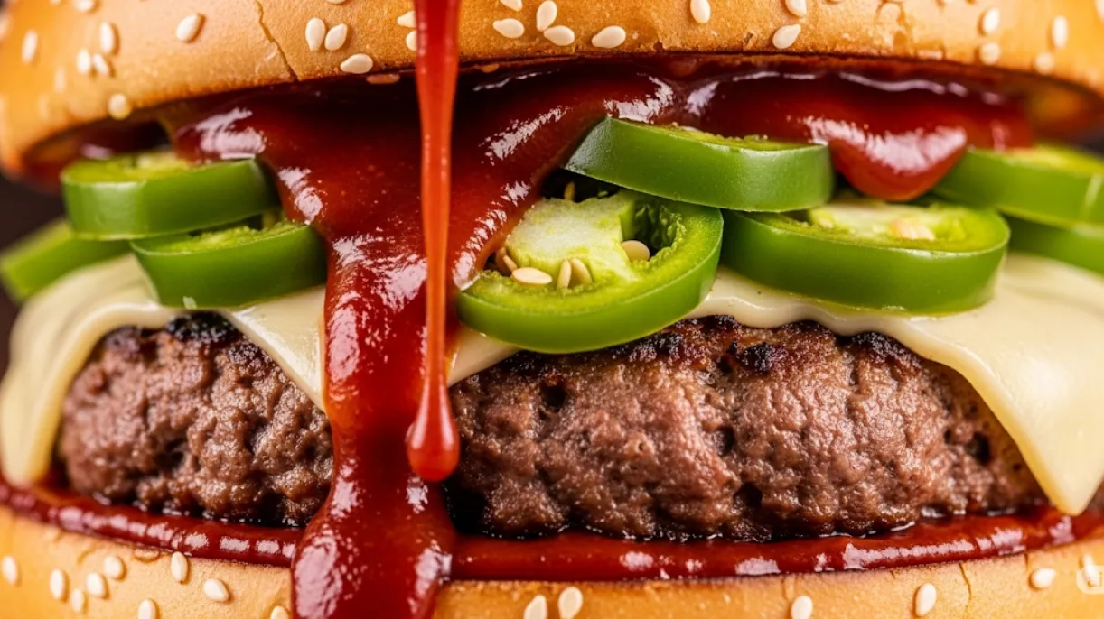 ハラペーニョのスライスと赤いソースがかかったスパイシーバーガーのクローズアップ。