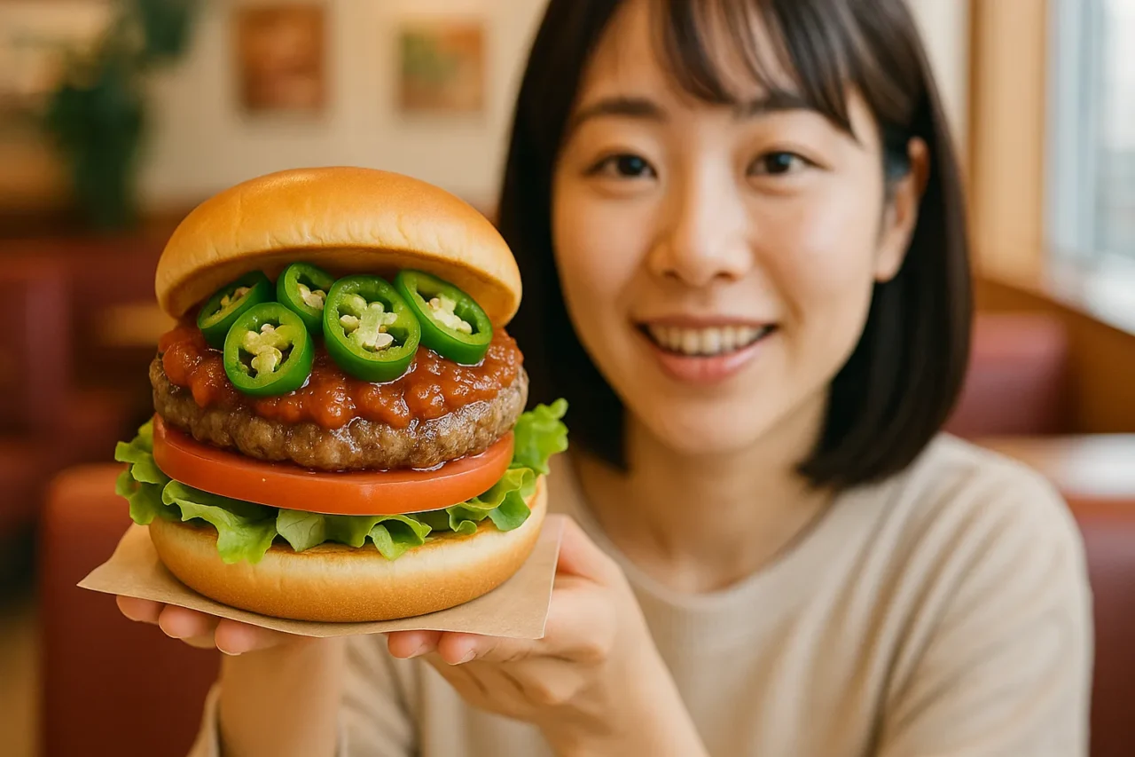 スパイシーモスバーガーにハラペーニョがたっぷり乗ったハンバーガーを笑顔で持っている女性。
