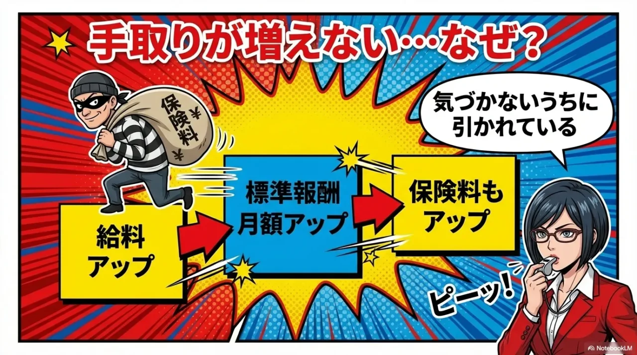 給料がアップすると標準報酬月額も上がり、結果として引かれる保険料もアップして手取りが増えない仕組みの図解