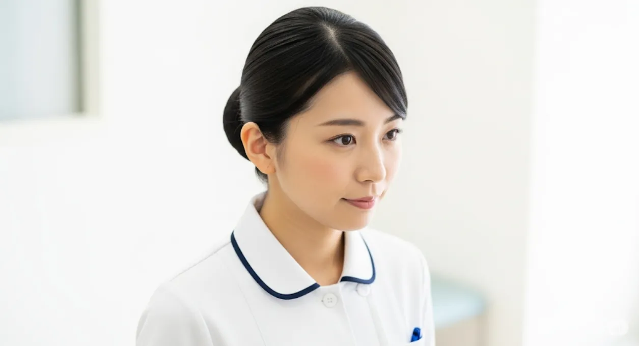 白いナース服を着た若い日本人女性看護師の胸から上のポートレート。彼女は髪をきっちりまとめ、白い襟元に青いラインが入った清潔な制服を着用し、真剣な表情で横を向いている。背景は明るくぼやけた病院の室内。