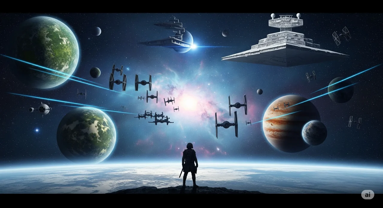 宇宙空間に浮かぶ複数の惑星と宇宙船群を背景に、一人の人物が佇む壮大なスターウォーズのイメージ。
