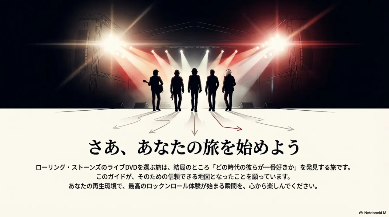 ローリング・ストーンズのライブDVDを選ぶ旅の終わりと、新しい音楽体験の始まりを告げるメッセージスライド。「さあ、あなたの旅を始めよう」の文字。