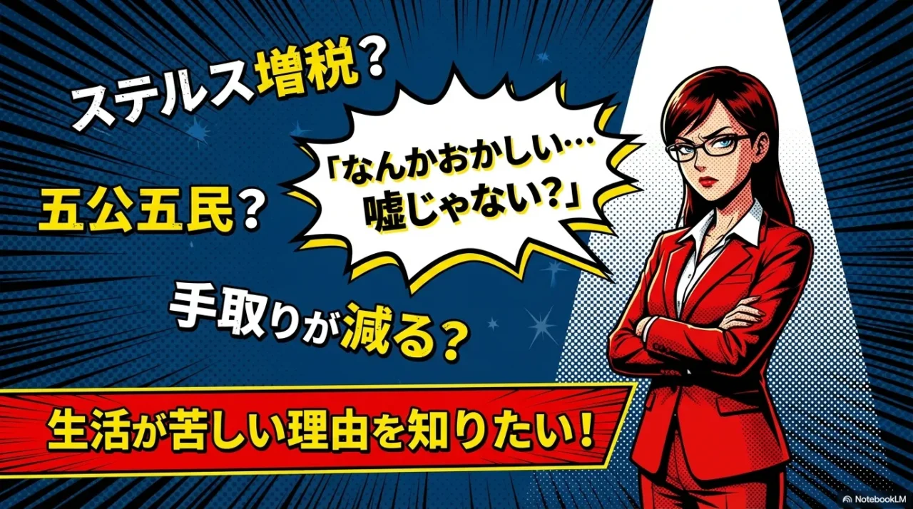 「なんかおかしい…嘘じゃない？」と手取りが減り生活が苦しい理由を知りたいと願う人のイラスト