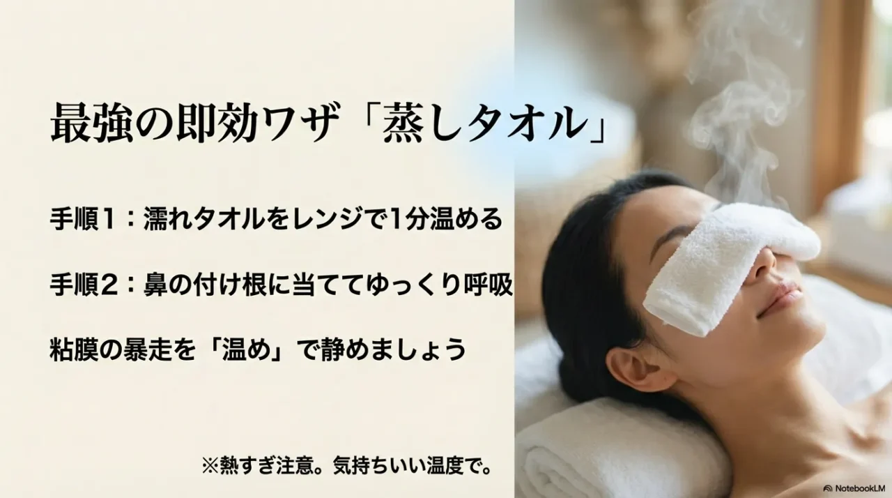 最強の即効ワザ「蒸しタオル」の手順。レンジで1分温めて鼻の付け根に当てる。