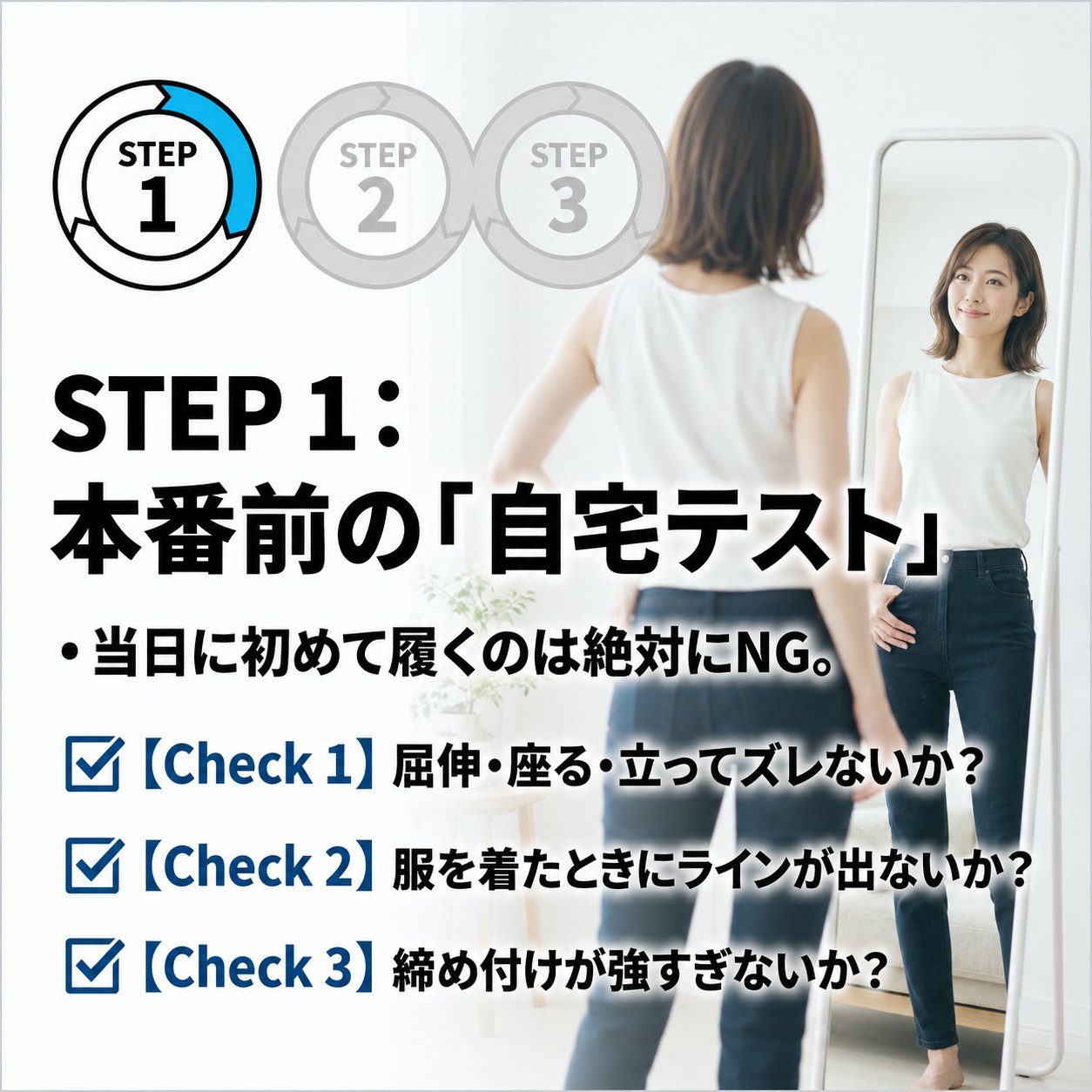 鏡の前で後ろ姿を確認する女性の写真に、当日に初めて履くのは避け、屈伸や着座でのズレ・服のライン・締め付けを自宅で確認するという3つのチェック項目が示されている