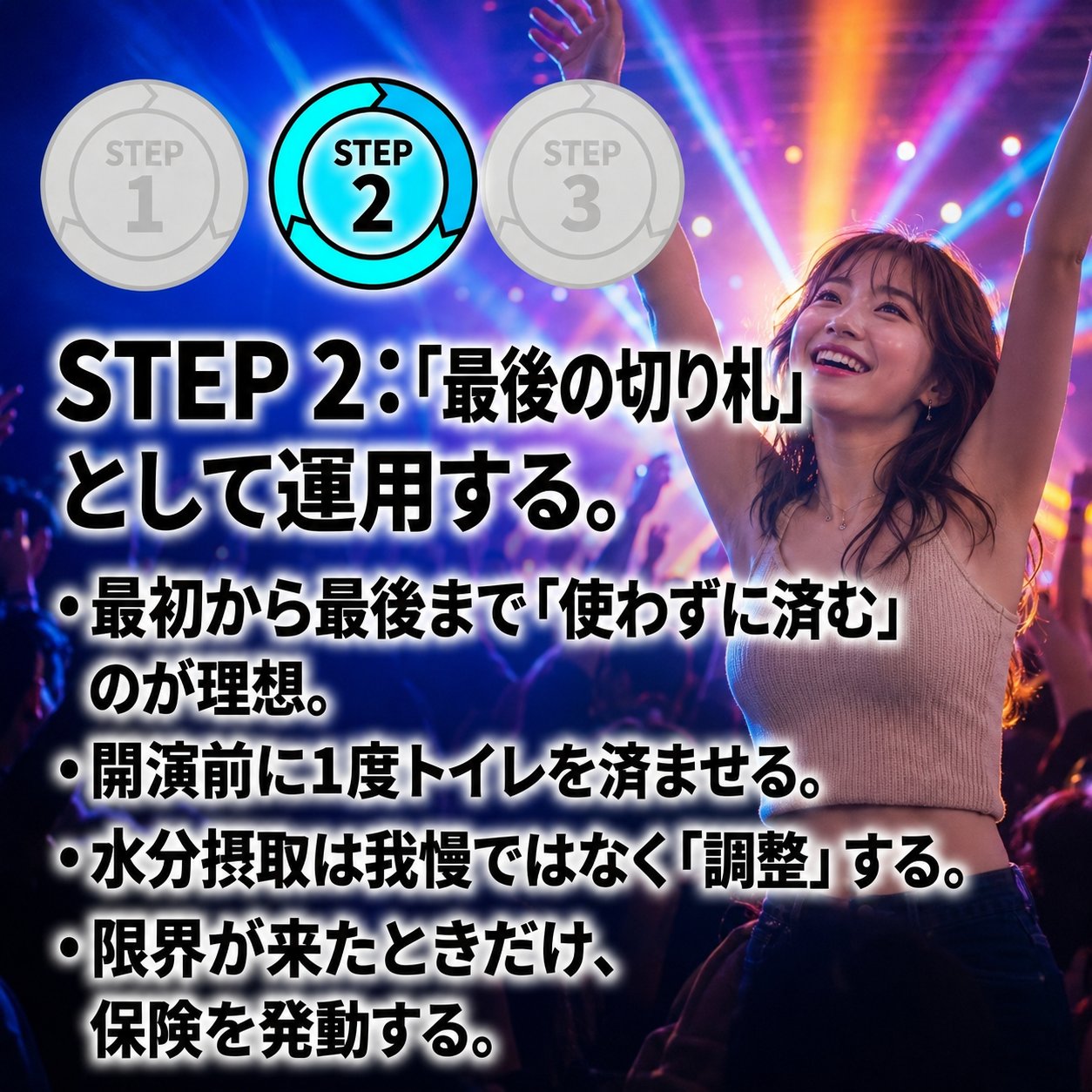 ステージ照明の中で両手を上げて楽しむ女性の写真に、使わずに済むのが理想で、開演前にトイレを済ませ、水分は調整し、限界時だけ使うという運用方針が箇条書きされている