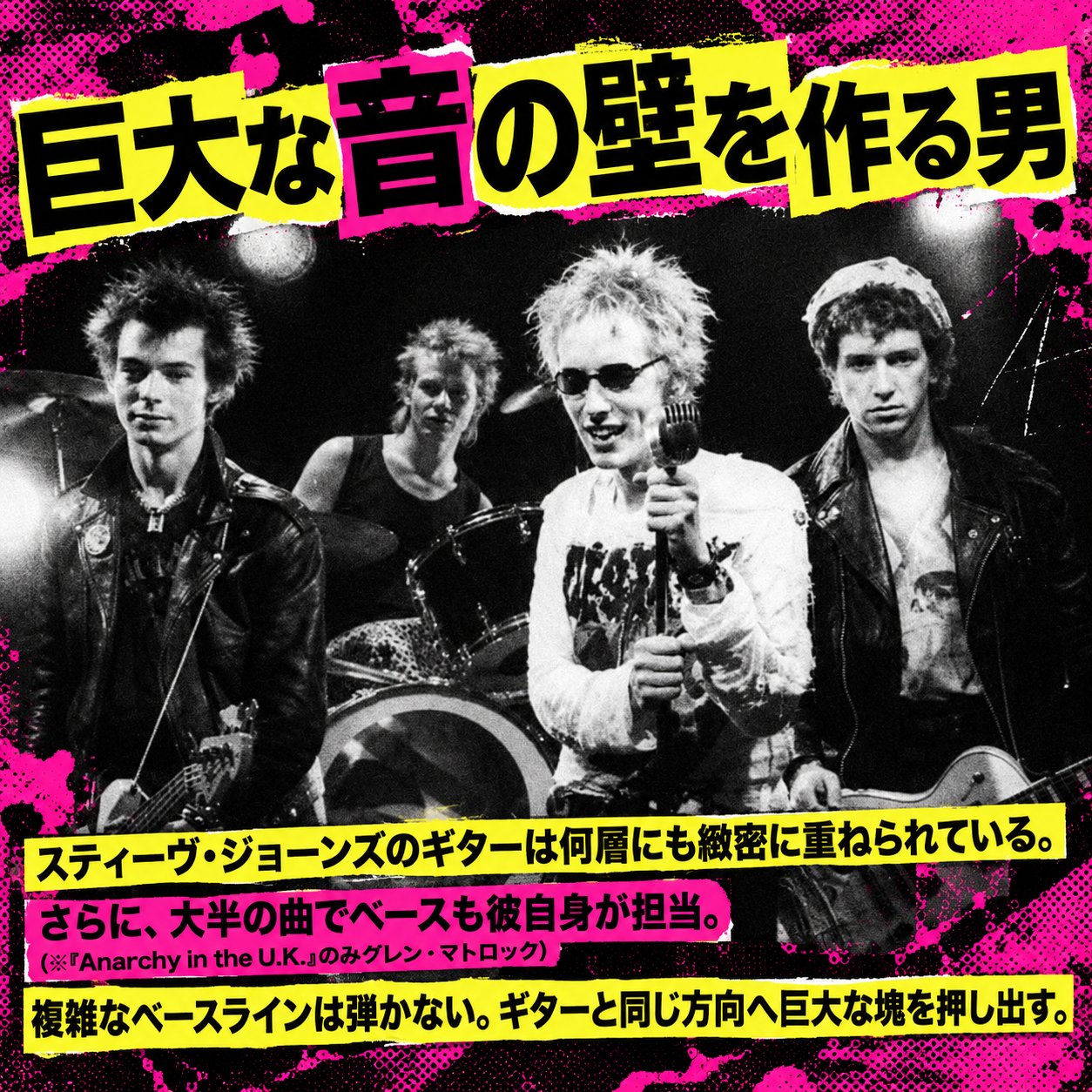 ライブ写真を背景に「巨大な音の壁を作る男」と掲げ、ギター多重録音とベース担当を説明するパンク調インフォグラフィック。
