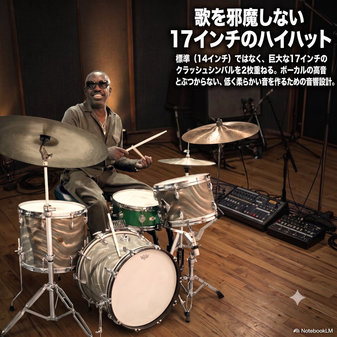 スタジオでビンテージ調のドラムセットに座るスティーブ・ジョーダンのイメージ画像。標準より大きい17インチのシンバルを重ねたハイハットの狙いを解説する。