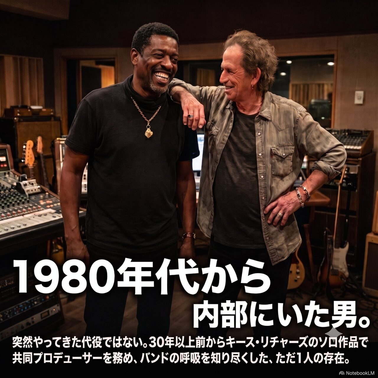 レコーディングスタジオで笑い合うスティーブ・ジョーダンとキース・リチャーズ。30年以上前からソロ作品の共同プロデューサーを務めた関係を伝えるイメージ画像。