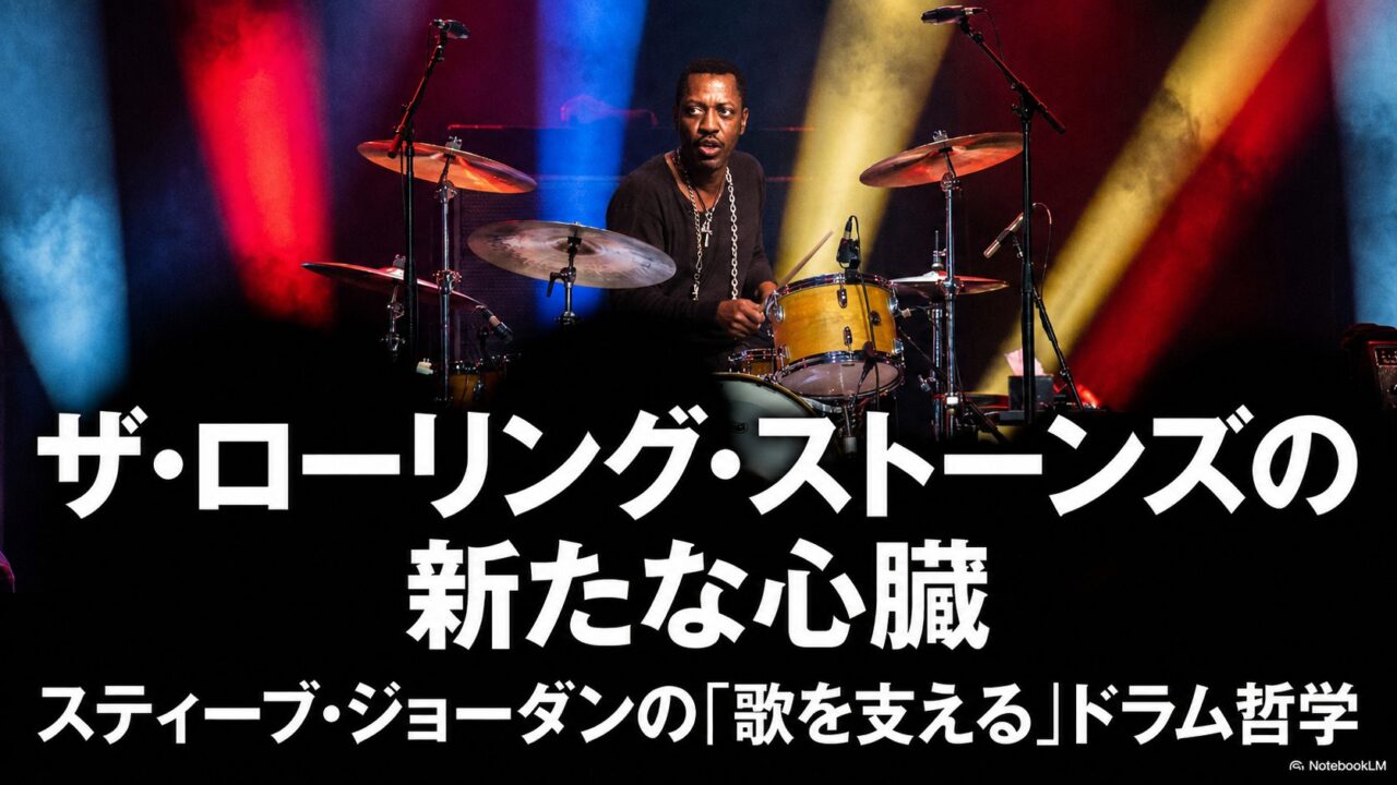 色とりどりの照明が交差するステージでドラムを叩くスティーブ・ジョーダンに、「ザ・ローリング・ストーンズの新たな心臓」というタイトルを重ねたアイキャッチ画像。