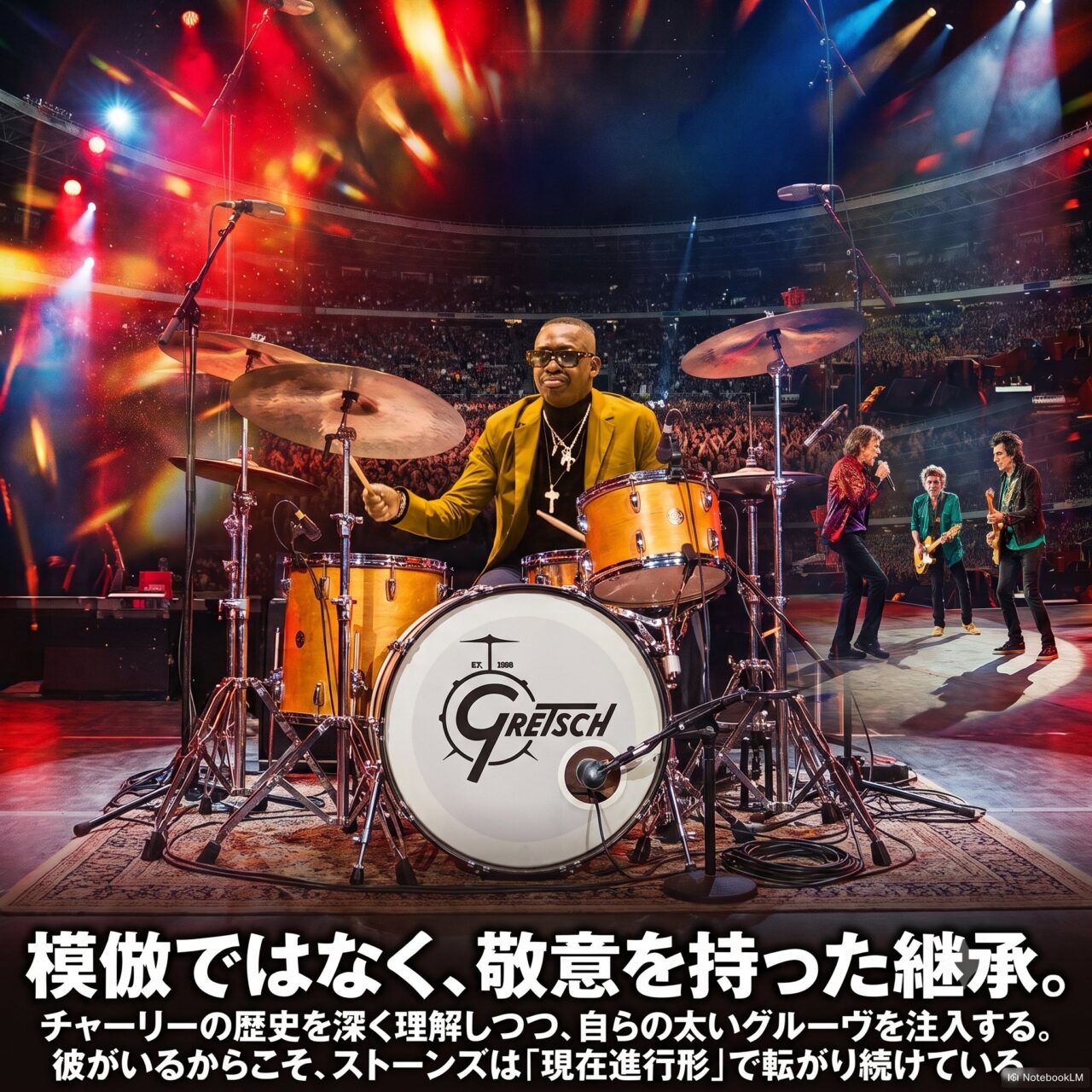 スタジアムのステージでグレッチのドラムセットを叩くスティーブ・ジョーダンと、背後で演奏するローリング・ストーンズのメンバーを描いたイメージ画像。