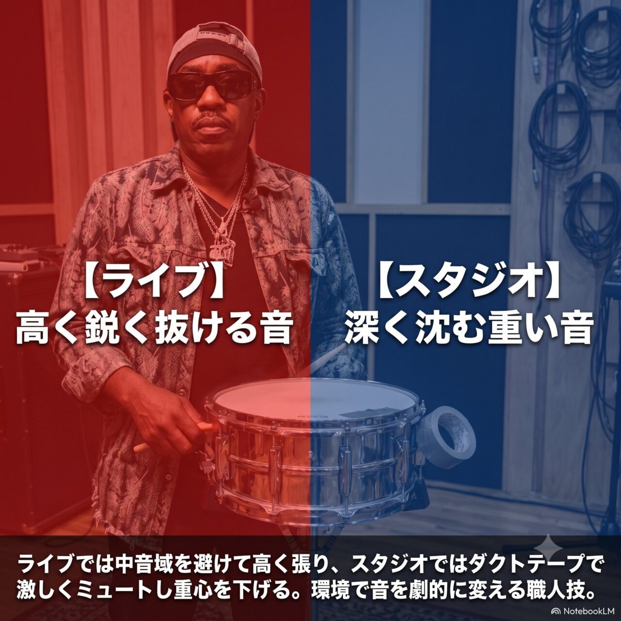 スネアドラムを持つスティーブ・ジョーダンを赤と青で二分し、ライブでは高く鋭い音、スタジオではダクトテープでミュートした深く重い音と対比させた解説画像。
