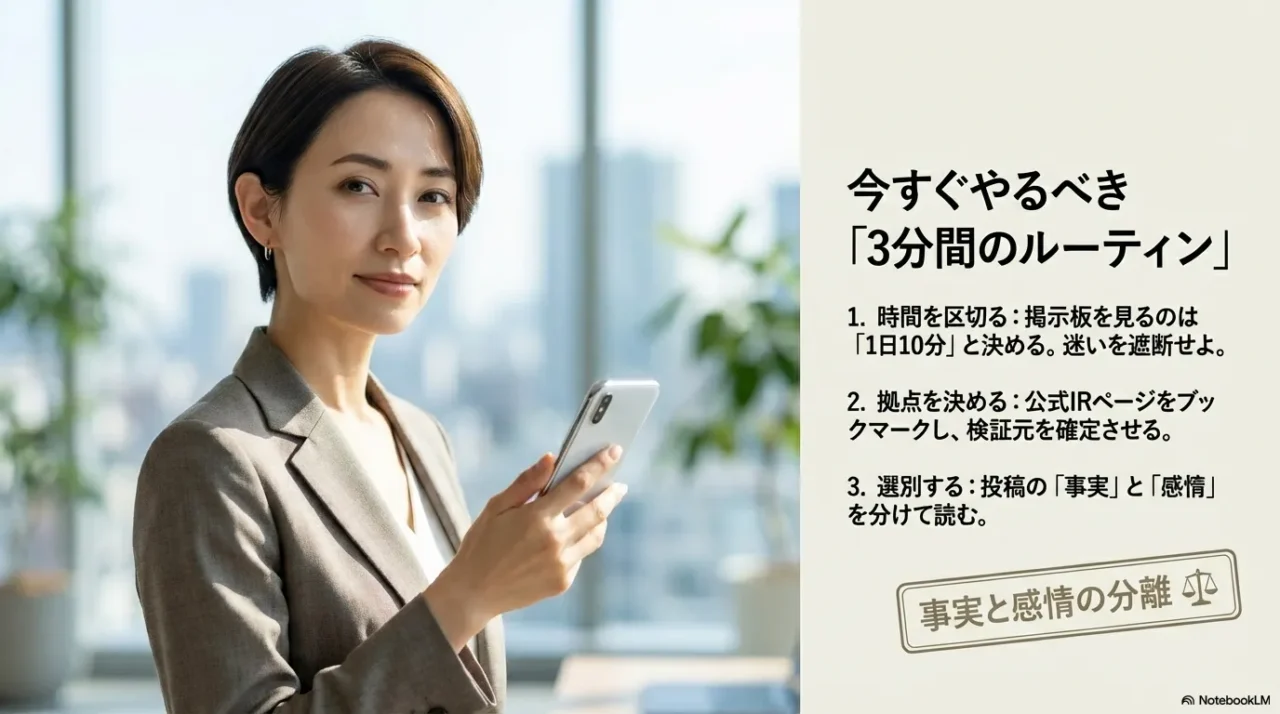 掲示板の見方を3分で整える手順(見る時間を決める、公式ページをブックマーク、事実と感情を分ける)をまとめたスライド