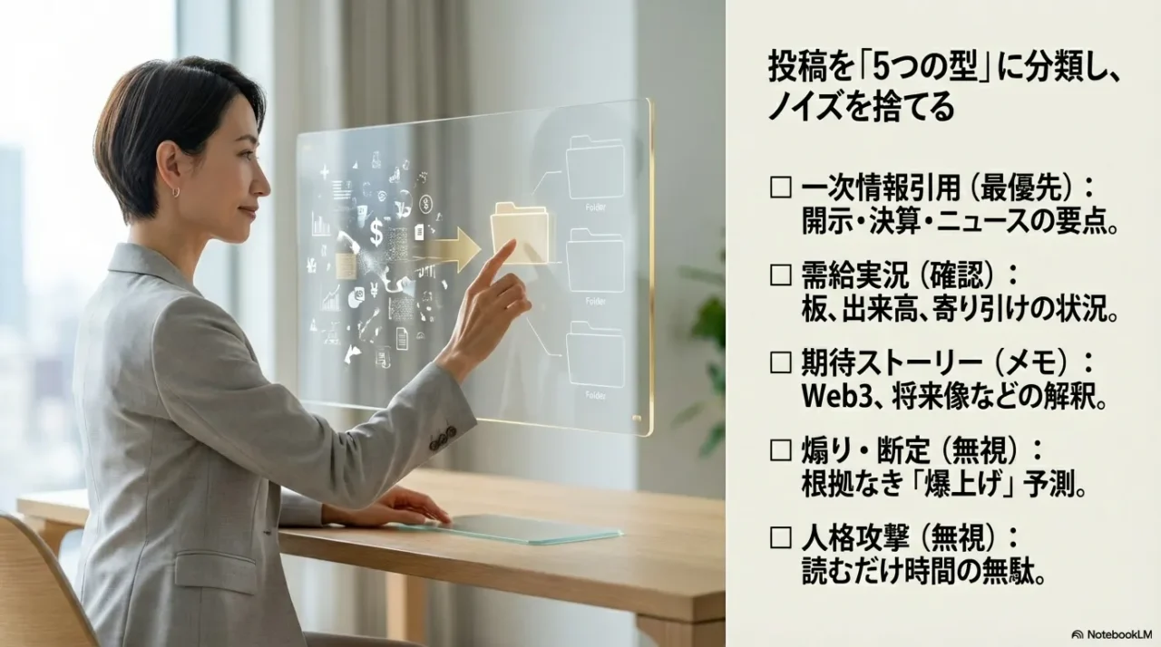 掲示板投稿を一次情報引用・需給実況・期待ストーリー・煽り断定・人格攻撃に分け、読む優先度を整理するスライド