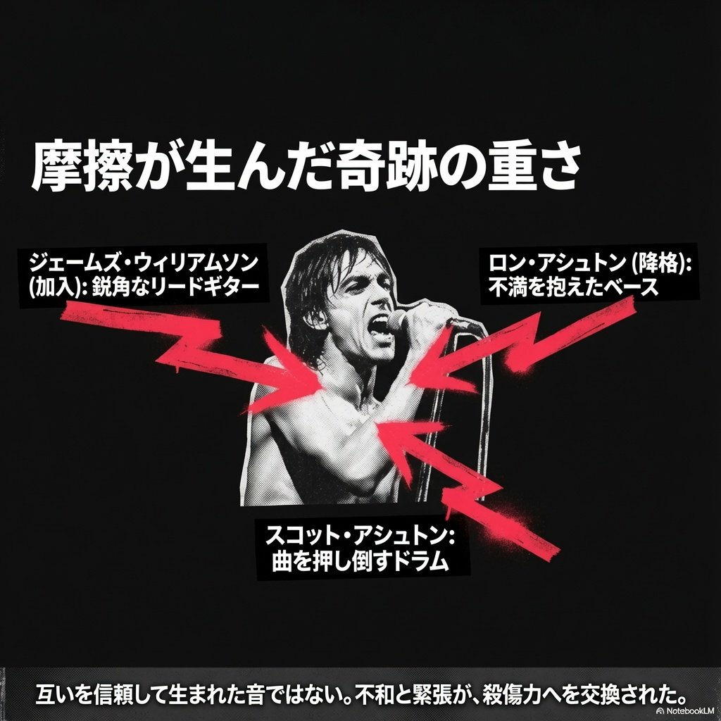 歌うイギー・ポップに向けた赤い矢印で、ウィリアムソンの加入、ロンのベース転向、スコットのドラムによる緊張を示す図。