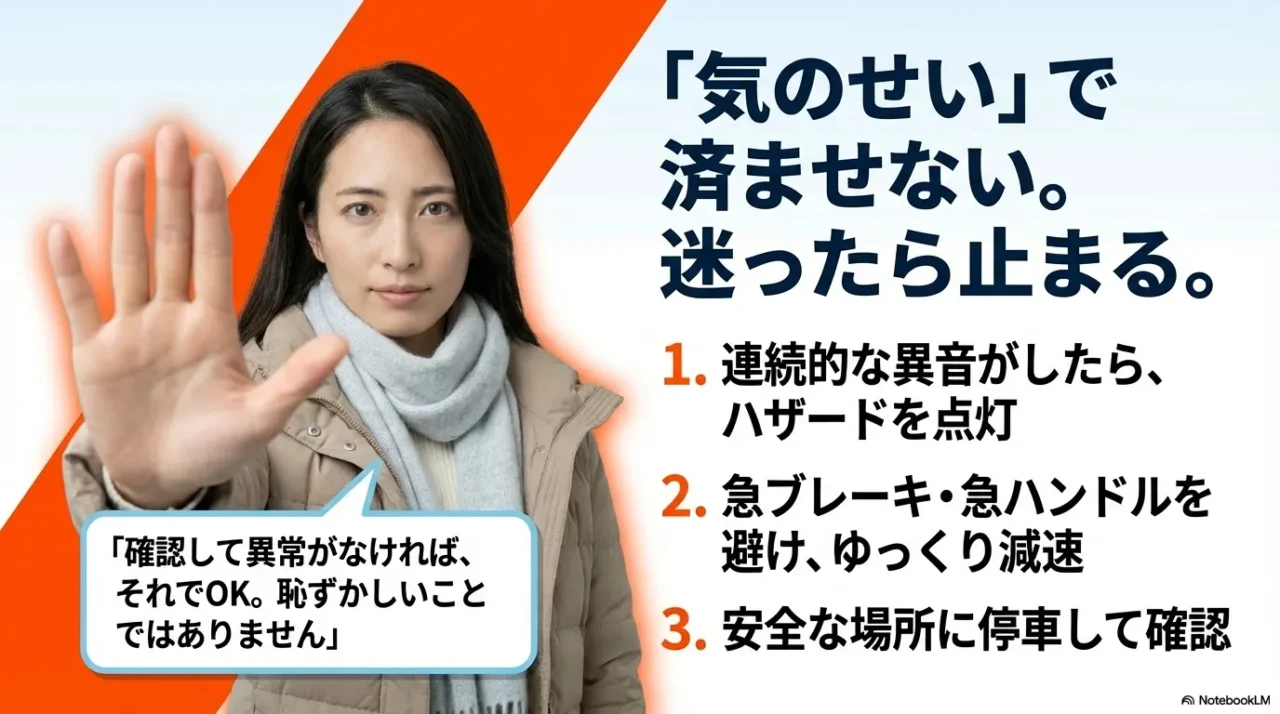 気のせいで済ませず安全確保して止まる手順を示す画像