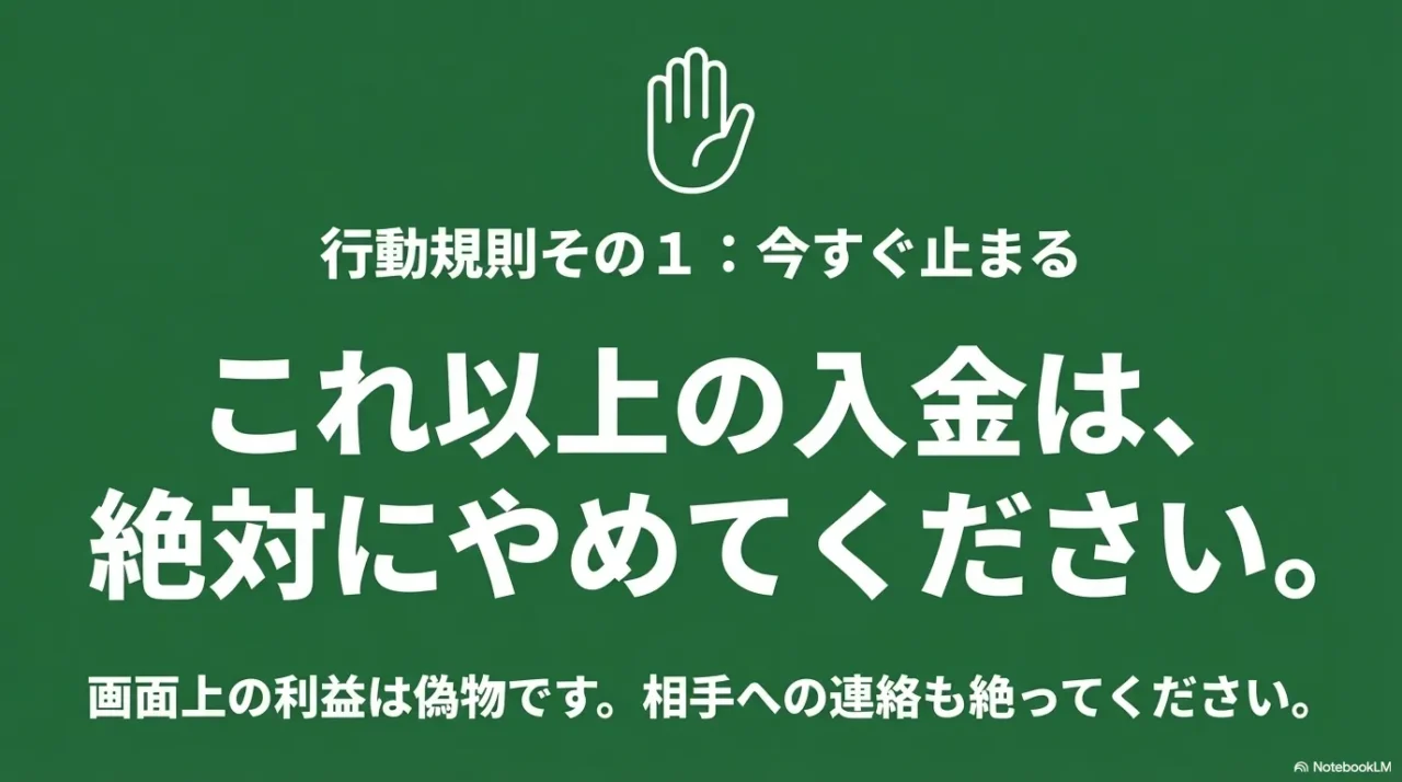 投資詐欺の疑いがある場合は送金を止めるべきことを示すイメージ