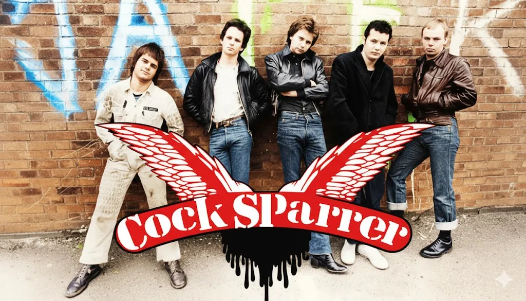 煉瓦の壁を背景に5人の若い男性が横一列に立っている。全員がレザージャケットやデニム、ワークウェアなどパンク風の服装で、腕を組んだり壁にもたれたりしながらポーズを取っている。手前には翼を広げた赤いロゴマークが大きく配置されている。