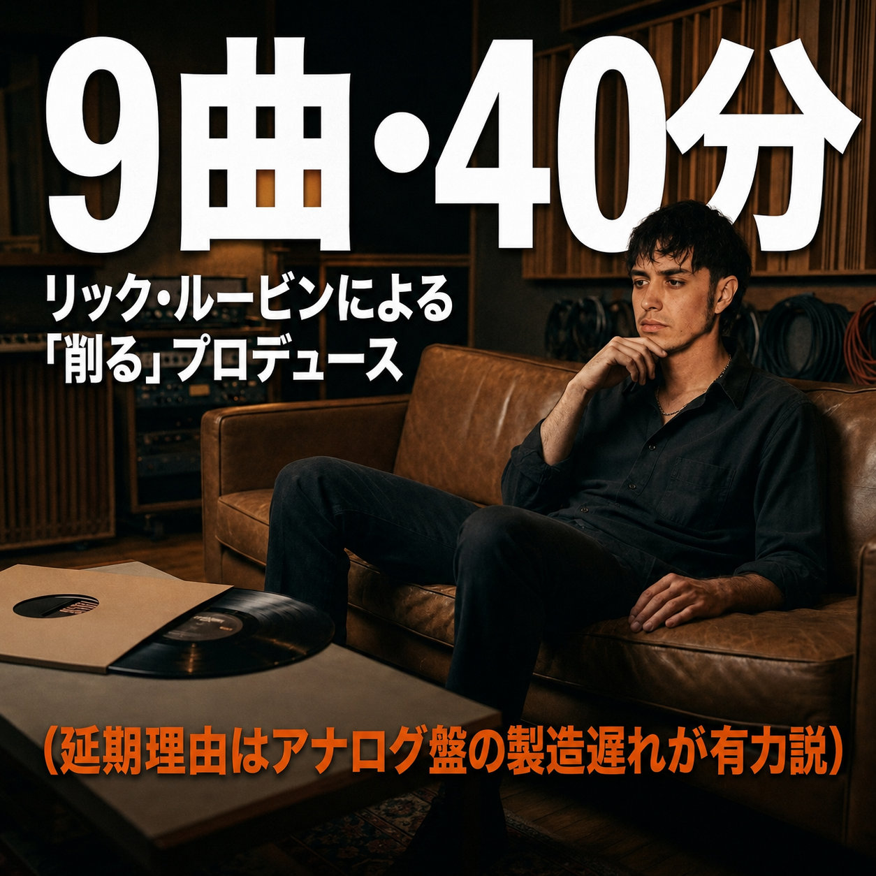 スタジオのソファに座る男性とテーブルに置かれたアナログ盤の写真に、9曲40分、リック・ルービンによる削るプロデュースという解説文字を重ねた画像