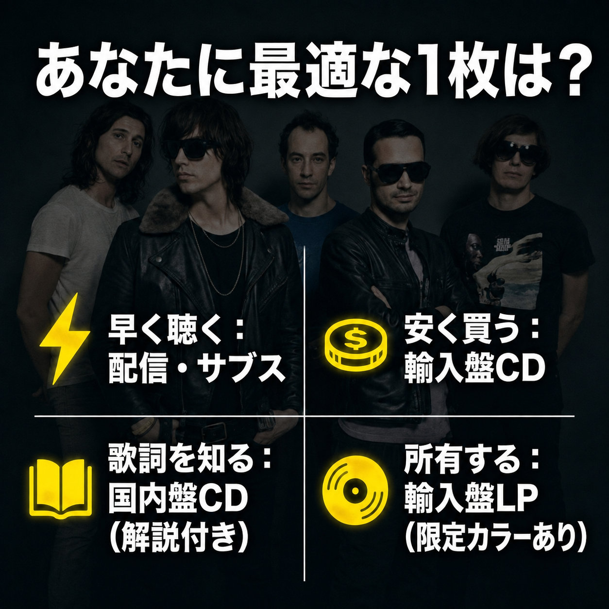 ストロークス新譜の買い方を4象限で示した図。早く聴くなら配信とサブスク、安く買うなら輸入盤CD、歌詞を知るなら解説付きの国内盤CD、所有するなら限定カラーもある輸入盤LPと分類している