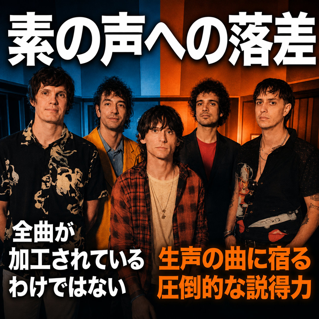 バンドのメンバー5人が青とオレンジの背景の前に並ぶ写真に、素の声への落差、全曲が加工されているわけではない、生声の曲に宿る説得力という文字を重ねた解説画像