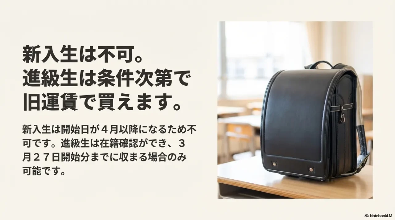 新入生は不可で進級生は条件次第で旧運賃購入できることを示す通学定期の画像