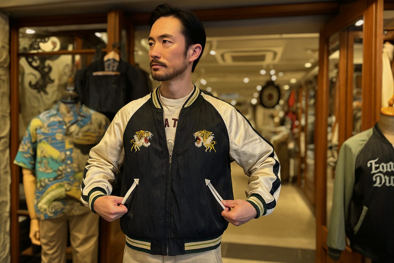 店舗前でスカジャンを羽織るスタイリッシュな中年男性