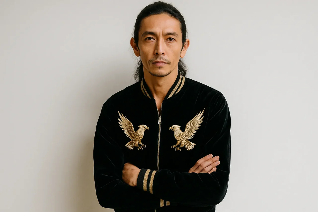 別珍スカジャンを着た長髪の50代イケオジのポートレート