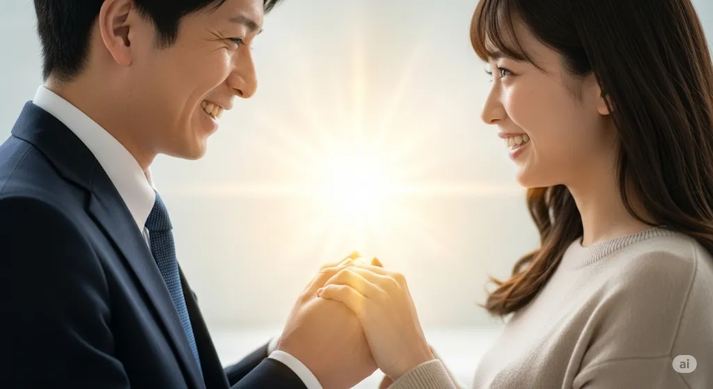 手を取り合い、光に包まれたカップル