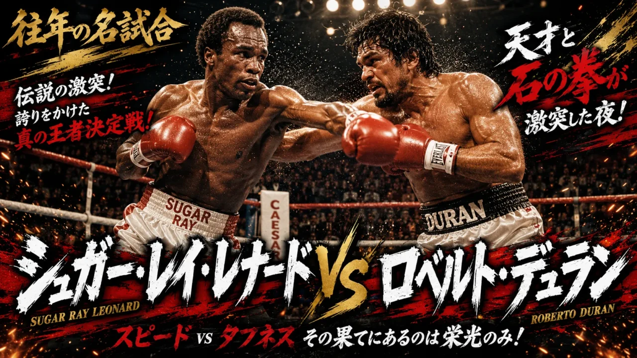 往年の名勝負をイメージしたボクシング対決シーンに、激しい筆致の文字で「シュガーレイ・レナード VS ロベルト・デュラン」と大きく配置した16:9ビジュアル。