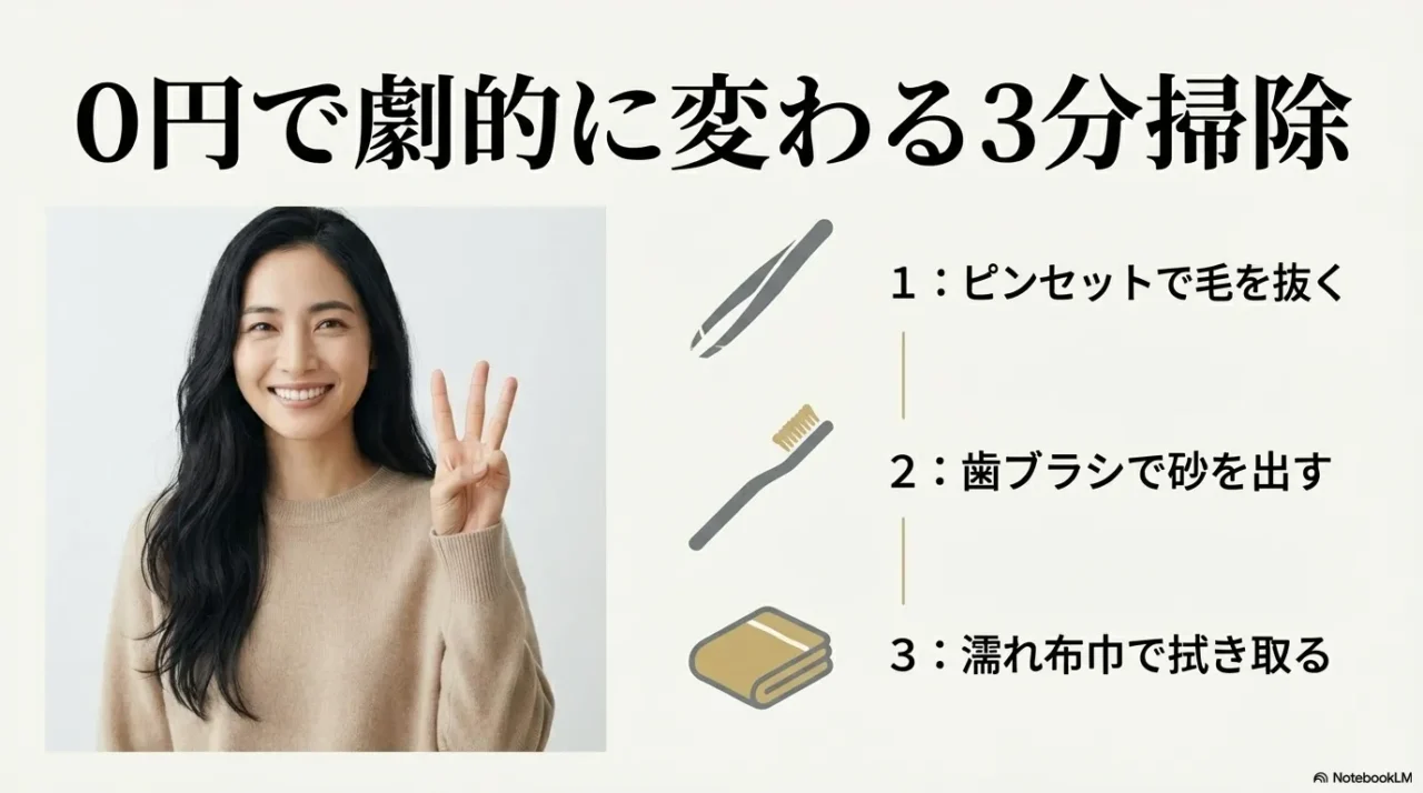 ピンセット、歯ブラシ、布で行う3分キャスター掃除の手順を示した画像