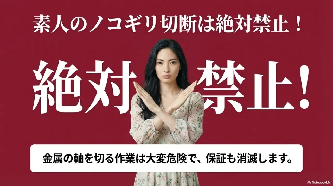 金属の軸を切るDIY作業は危険で、保証も消滅すると警告する画像