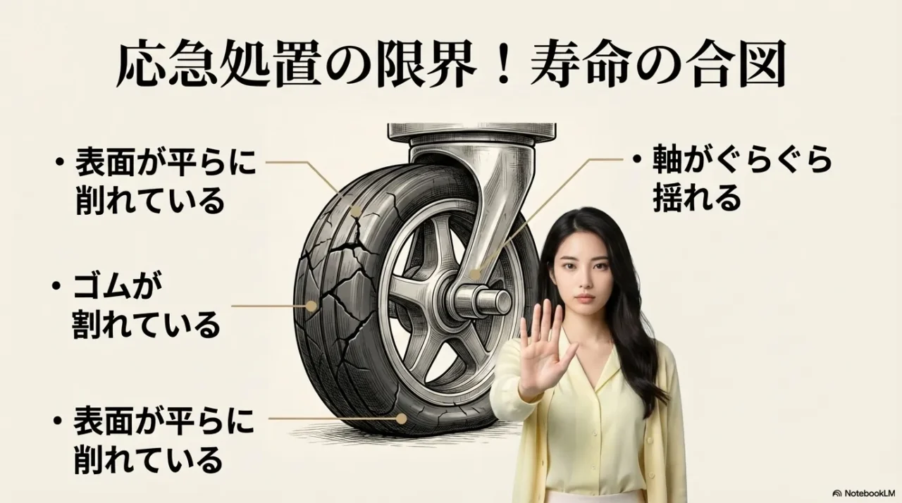表面の平らな摩耗、ゴム割れ、軸のぐらつきなどキャスター寿命の危険サインを示す画像