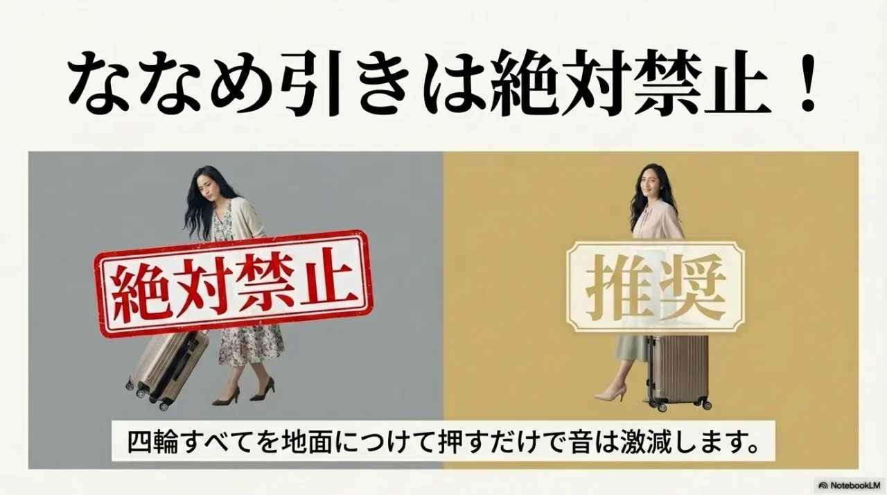 4輪スーツケースの斜め引きはNGで、4輪すべてを地面につけて押すのが推奨と示す画像