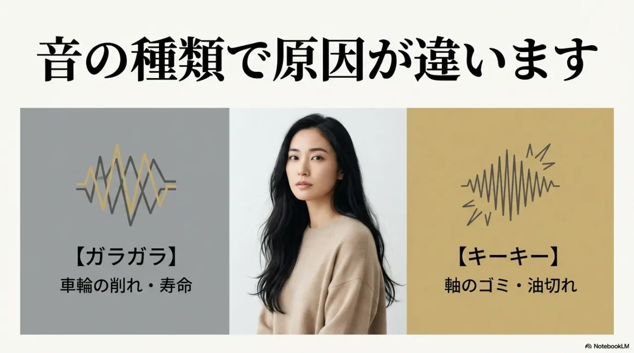 ガラガラ音は車輪の削れや寿命、キーキー音は軸のゴミや油切れと原因の違いを示した画像