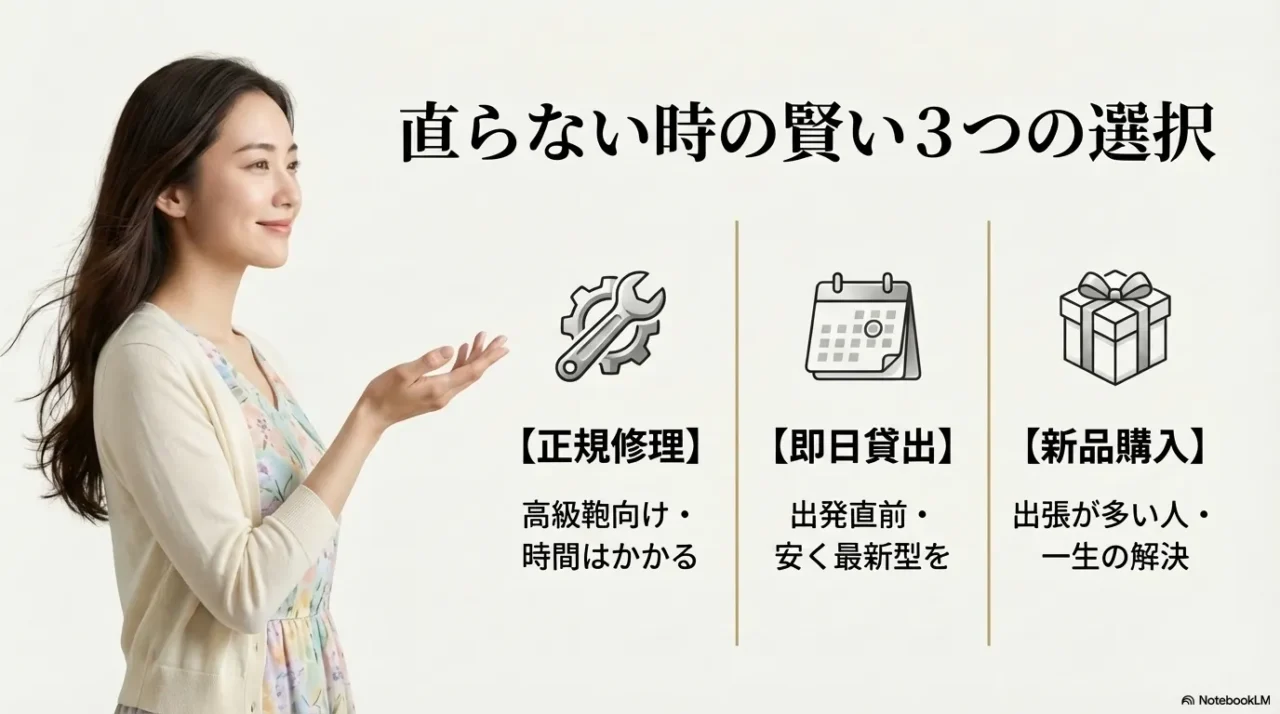 正規修理、即日貸出、新品購入の3つの選択肢を比較して示した画像