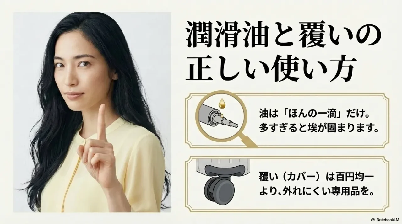 潤滑油は少量だけ使い、カバーは外れにくいものを選ぶべきと示した画像