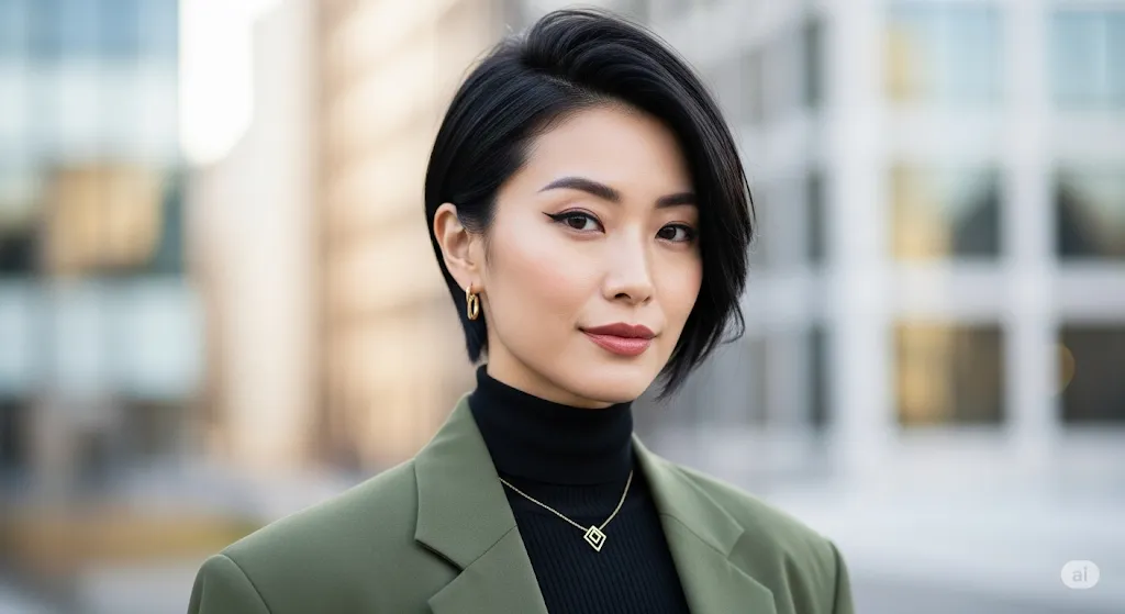 都会を背景に、自信に満ちた表情のショートヘアの女性。
