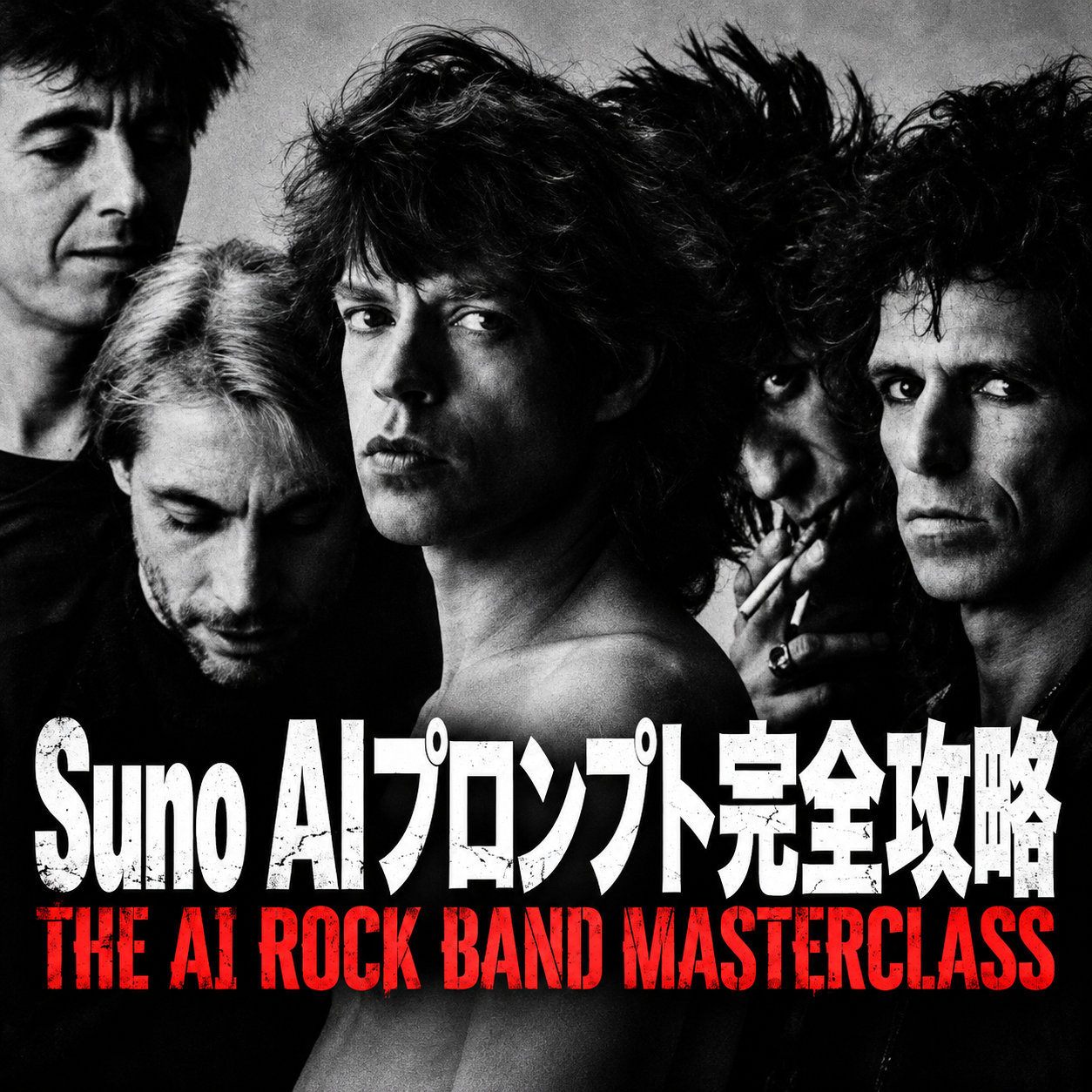 白黒のロックバンド写真に「Suno AIプロンプト完全攻略」と赤い英語の見出しを重ねた正方形の表紙画像。5人のメンバーが並び、ロック風の制作講座を表現している。