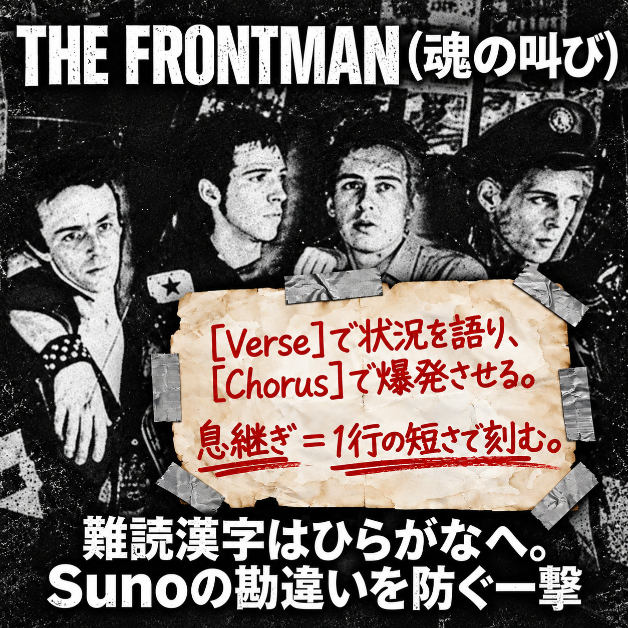 白黒のパンクバンド写真と古びた紙の上に、Suno AIの歌詞構成として「Verseで状況を語り、Chorusで爆発させる」と記載。1行の長さと難読漢字の読み対策も強調している。